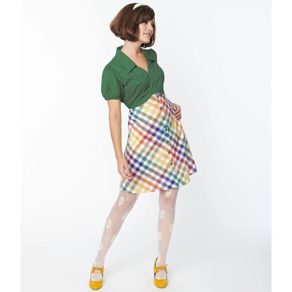 Unique Vintage Smak Parlour 1970s Green & Rainbow Gingham Mini Shirt Dress XS - Picture 2 of 11